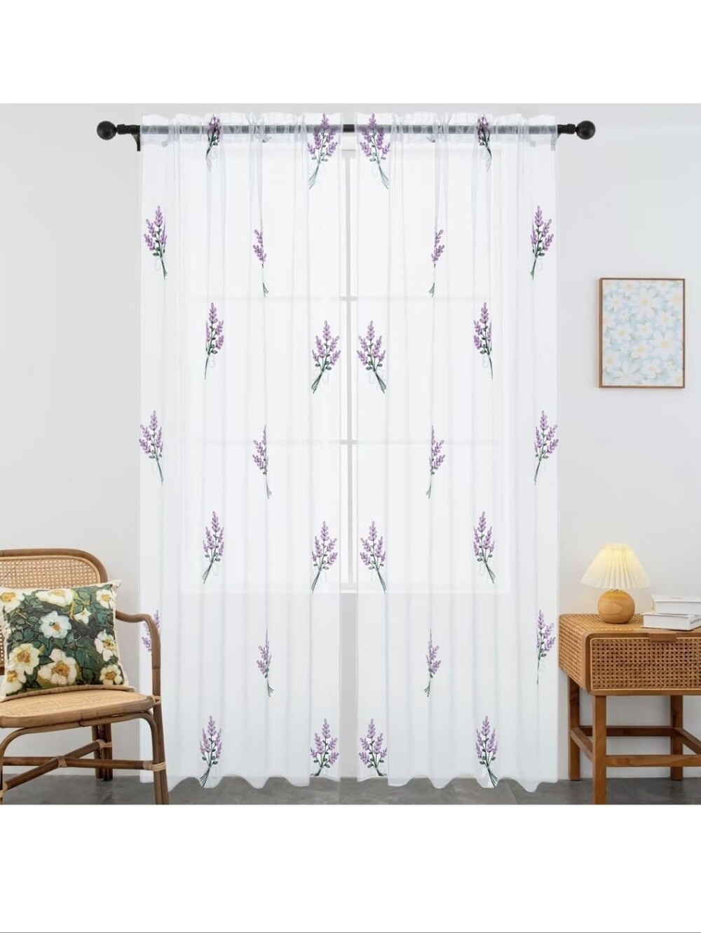Sheer White Curtain Panel with Lavender Floral Print